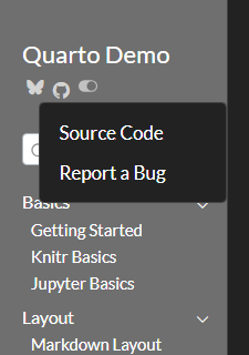 A Quarto sidebar showing the site title with Bluesky and GitHub icons. The GitHub icon is selected and a dropdown menu shows two items: 'Source Code' and 'Report a Bug'. Below are a search box and navigation sections.